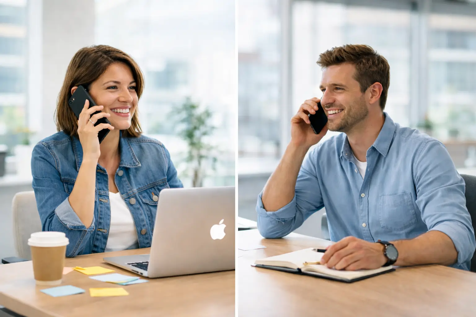 Équipe commerciale en relance téléphonique après un salon