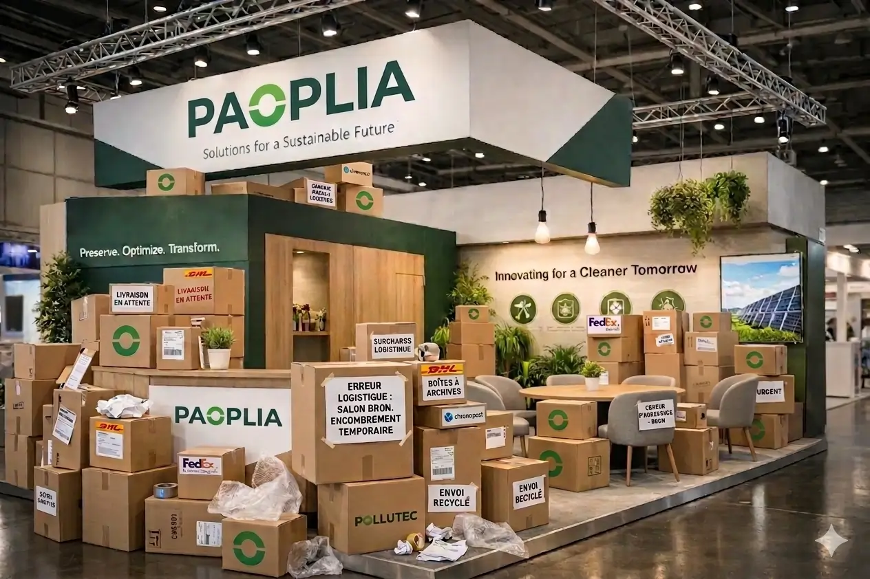 Stand encombré par des cartons et du matériel logistique en salon